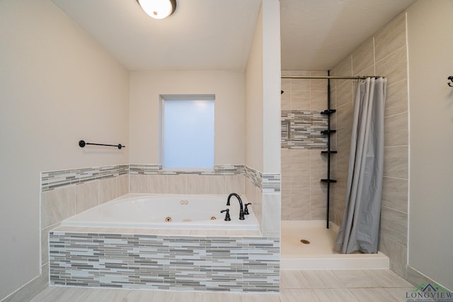 bathroom featuring independent shower and bath and tile patterned floors