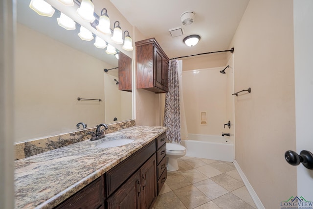 full bathroom featuring vanity, toilet, shower / tub combo with curtain, and tile patterned flooring