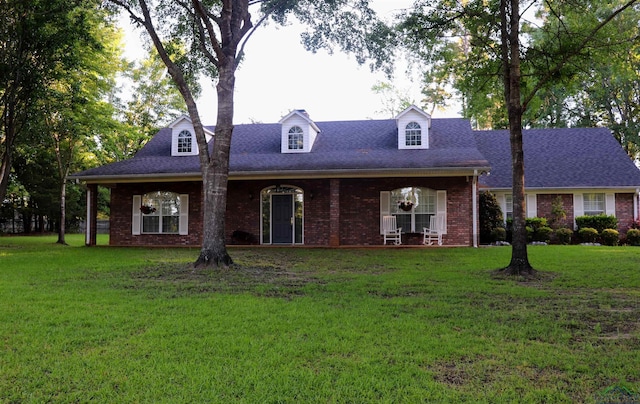 cape cod-style house with brick siding, a shingled roof, a front yard, and a porch