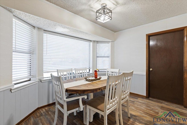 dining space with a wainscoted wall, a textured ceiling, and wood finished floors