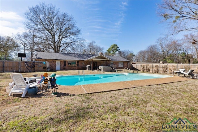 view of pool featuring a patio area, a fenced backyard, a fenced in pool, and a yard