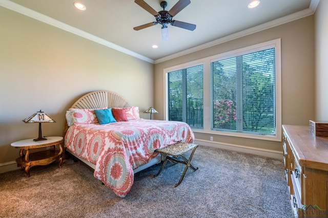 bedroom featuring ornamental molding, carpet floors, and recessed lighting