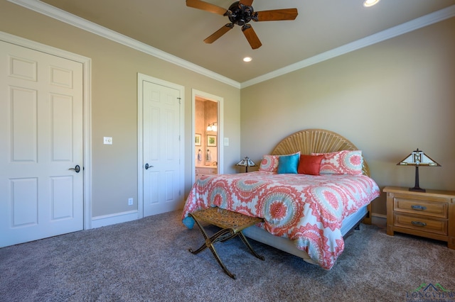 carpeted bedroom featuring baseboards, ceiling fan, crown molding, recessed lighting, and connected bathroom