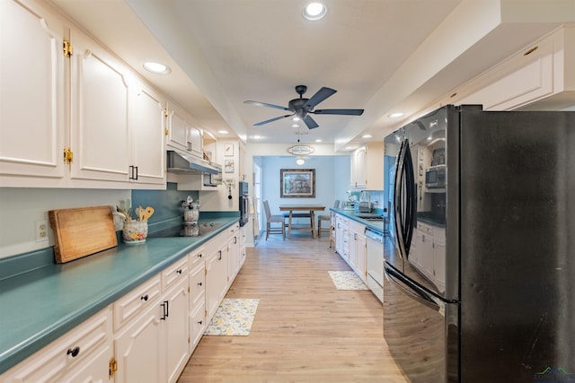 1900 Franklin Dr, Longview, TX 75601 - kitchen featuring black appliances, dark countertops, ceiling fan, recessed lighting, and white cabinets