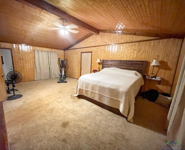 bedroom featuring vaulted ceiling with beams, ceiling fan, wooden walls, and carpet