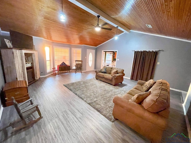 living room featuring ceiling fan, wooden ceiling, lofted ceiling with beams, and hardwood / wood-style flooring