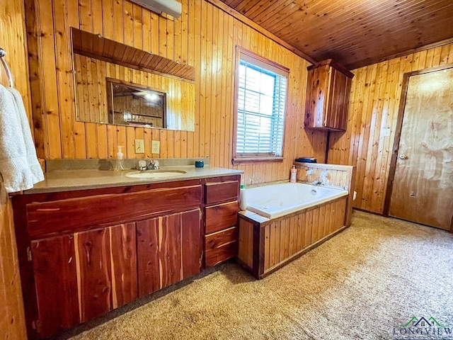 bathroom with vanity, wood walls, wooden ceiling, and a tub to relax in