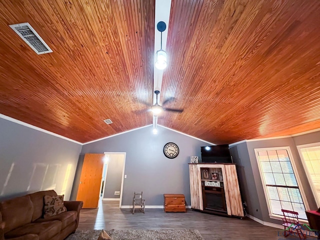 unfurnished living room with hardwood / wood-style floors, wooden ceiling, vaulted ceiling, ceiling fan, and ornamental molding