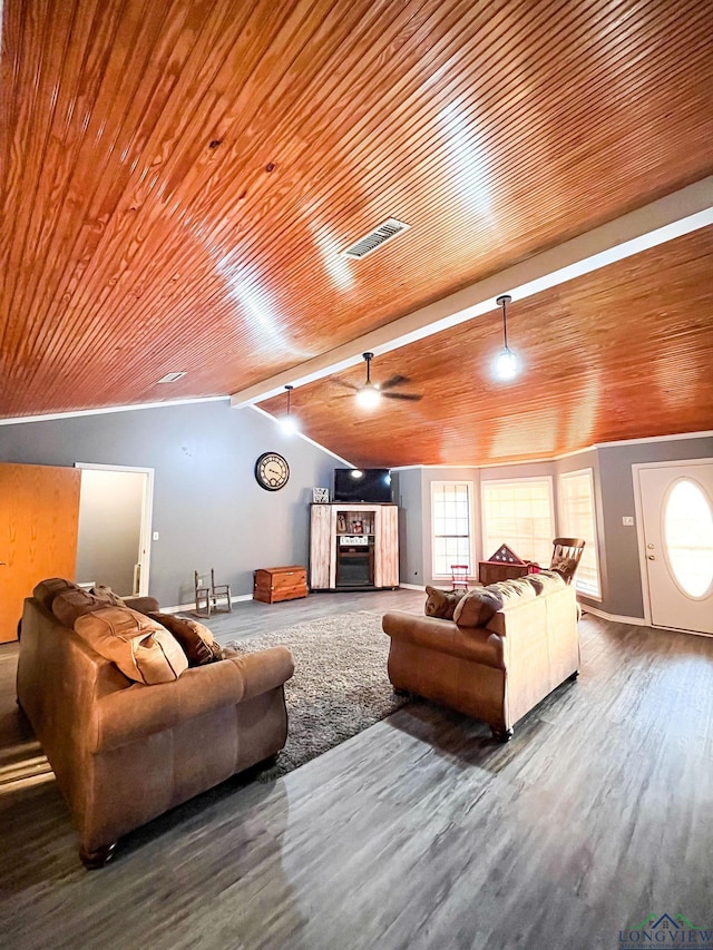 living room featuring hardwood / wood-style flooring, vaulted ceiling with beams, ceiling fan, and wood ceiling