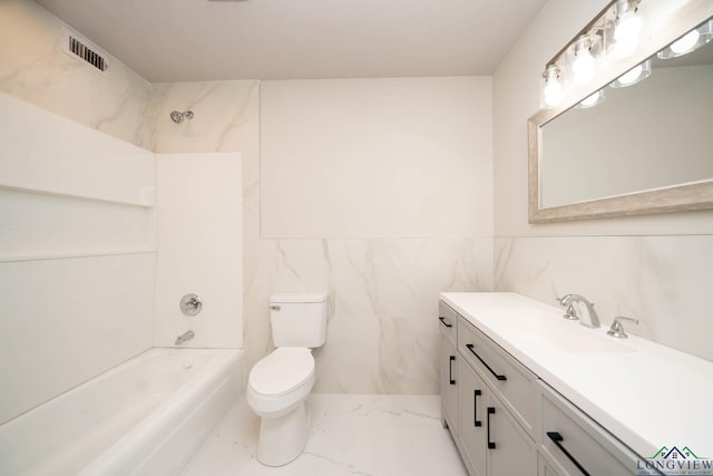 full bath with toilet, visible vents, vanity, bathing tub / shower combination, and marble finish floor