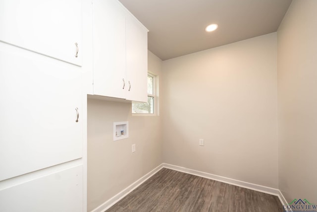 laundry area featuring hookup for a washing machine, recessed lighting, baseboards, cabinet space, and dark wood finished floors