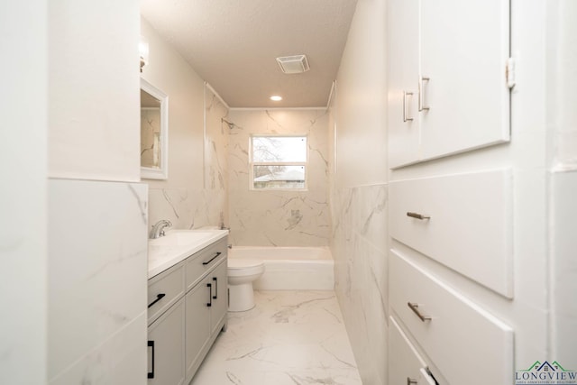 full bath with marble finish floor, tile walls, visible vents, a textured ceiling, and vanity