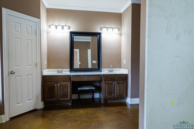 bathroom with concrete floors, vanity, and crown molding