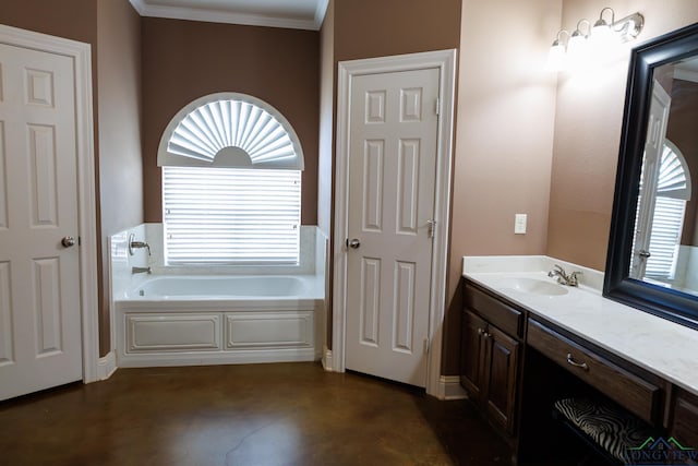 bathroom with concrete floors, a washtub, and vanity