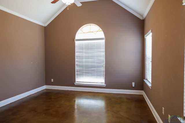 empty room with ceiling fan, crown molding, and vaulted ceiling