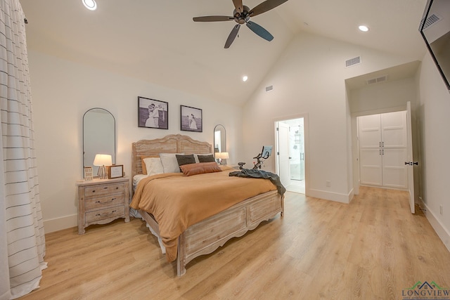 bedroom featuring high vaulted ceiling, recessed lighting, visible vents, and light wood-style flooring