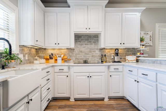 kitchen with white cabinetry, sink, light stone countertops, black electric cooktop, and decorative backsplash