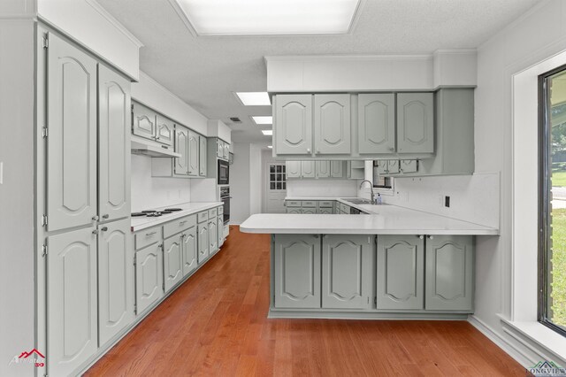 2804 Palm Plz, Marshall, TX 75672 - kitchen with a peninsula, a sink, gray cabinets, under cabinet range hood, and light countertops
