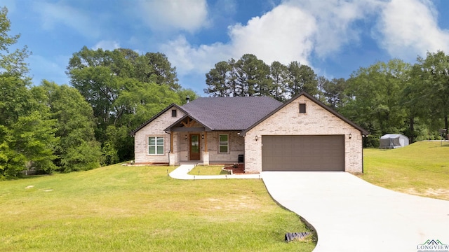 view of front of property featuring concrete driveway, an attached garage, covered porch, brick siding, and a front yard