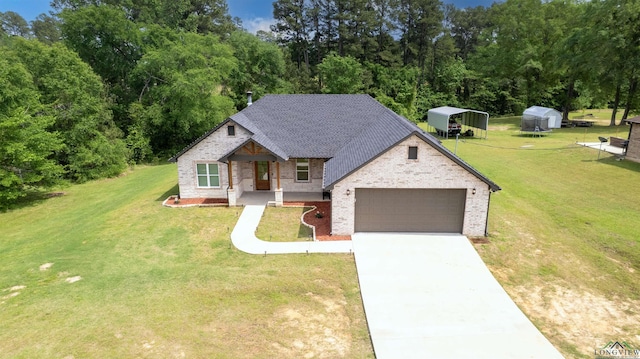 view of front facade with a front lawn, a porch, brick siding, an attached garage, and a shingled roof