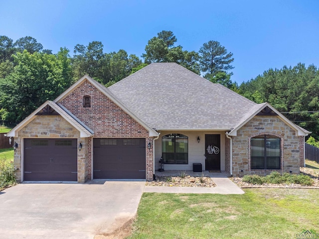 view of front of house with a garage and a front lawn