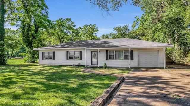 single story home featuring a front yard and a garage