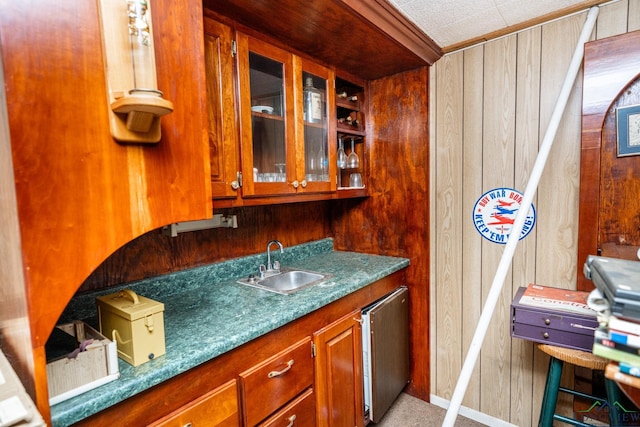 kitchen featuring wooden walls, glass insert cabinets, brown cabinetry, and a sink