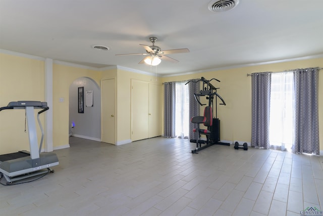 workout room featuring ceiling fan, a healthy amount of sunlight, and crown molding