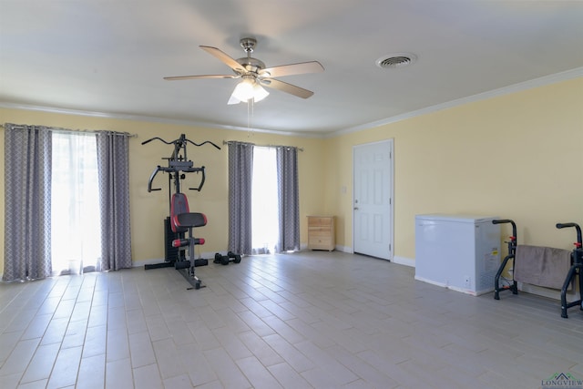 workout area featuring ceiling fan and crown molding