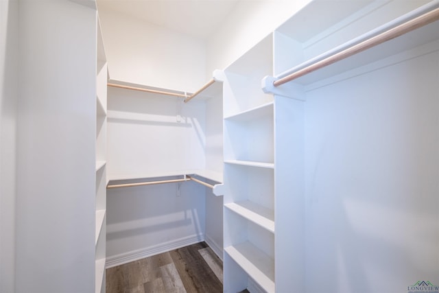 walk in closet with dark hardwood / wood-style floors