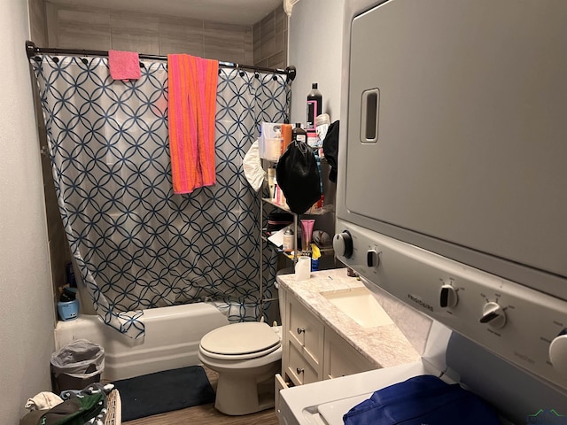 full bathroom featuring hardwood / wood-style flooring, vanity, toilet, and shower / tub combo