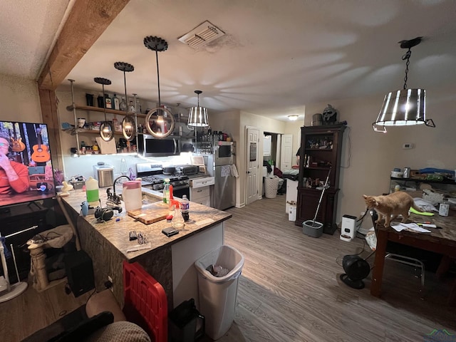 kitchen featuring wood-type flooring, stainless steel appliances, and kitchen peninsula