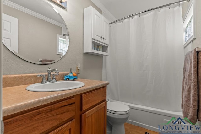 620 Shadywood Ln, Avinger, TX 75630 - full bath with vanity, crown molding, shower / bath combo, and wood finished floors
