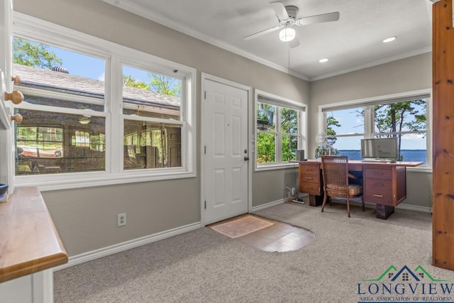 620 Shadywood Ln, Avinger, TX 75630 - office featuring carpet floors, crown molding, a ceiling fan, and recessed lighting