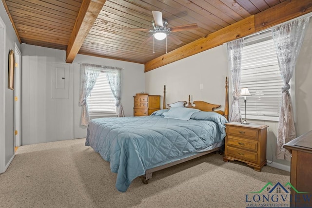 620 Shadywood Ln, Avinger, TX 75630 - carpeted bedroom featuring a wood ceiling with exposed beams, electric panel, and a ceiling fan