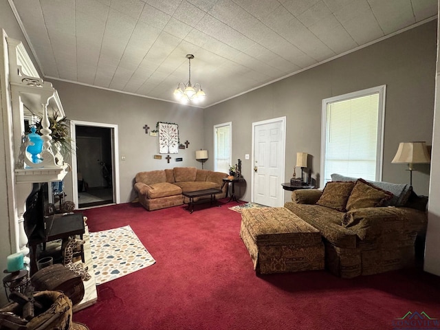 123 E 12th St, Mount Pleasant, TX 75455 - living room featuring ornamental molding, carpet, and a chandelier