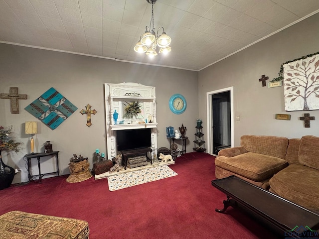 123 E 12th St, Mount Pleasant, TX 75455 - living room featuring crown molding, carpet, and a chandelier