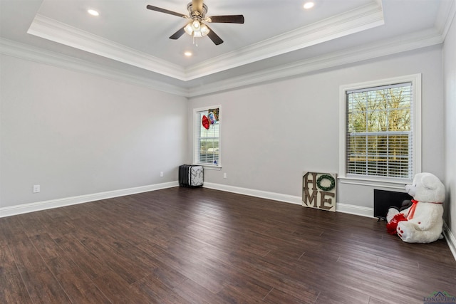 spare room with a tray ceiling, a wealth of natural light, and crown molding