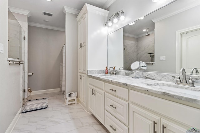 bathroom featuring vanity, a tile shower, and ornamental molding