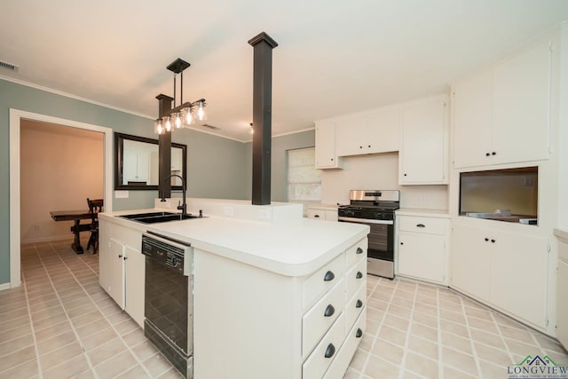 kitchen with pendant lighting, a center island with sink, white cabinets, black dishwasher, and stainless steel range oven