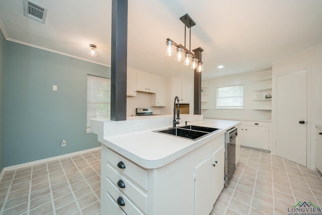 kitchen with a kitchen island with sink, sink, pendant lighting, dishwasher, and white cabinets