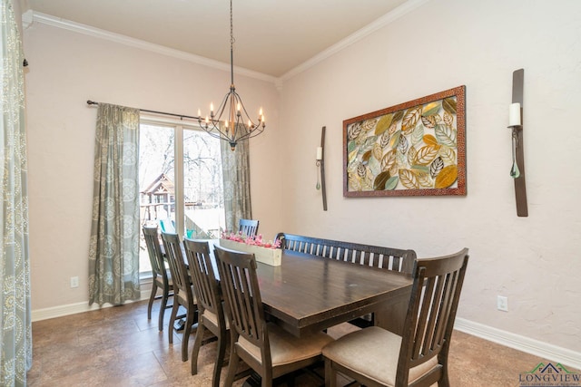 dining room featuring crown molding, an inviting chandelier, and baseboards