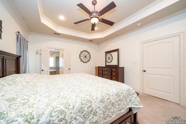 bedroom featuring recessed lighting, light carpet, visible vents, ornamental molding, and a raised ceiling