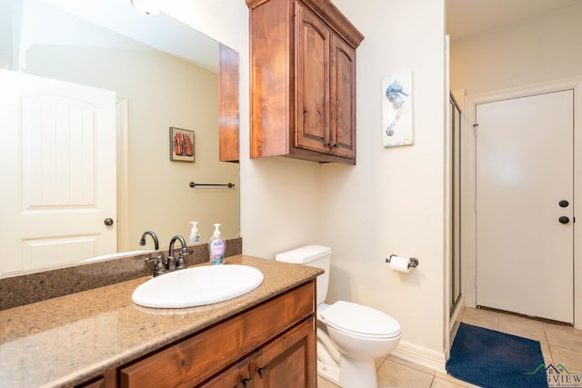 full bath featuring a stall shower, baseboards, toilet, tile patterned flooring, and vanity