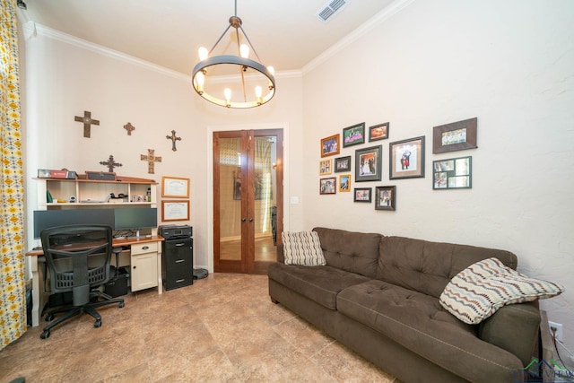 living room with visible vents, crown molding, and a notable chandelier