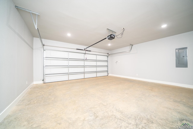 garage with electric panel and a garage door opener