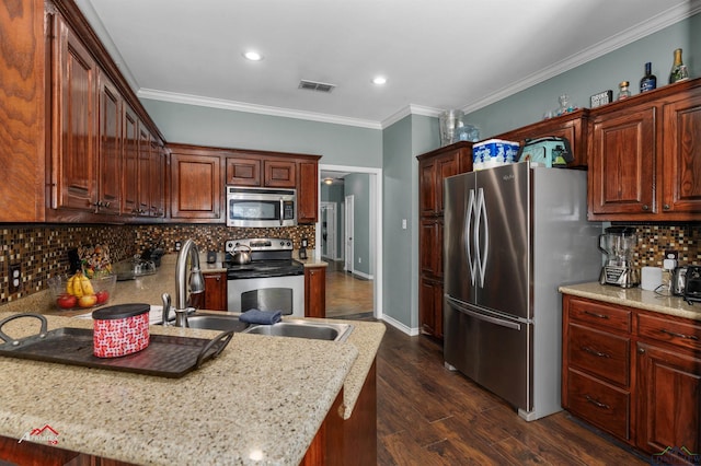 kitchen with tasteful backsplash, ornamental molding, dark hardwood / wood-style floors, and appliances with stainless steel finishes