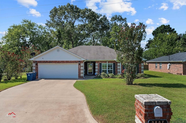 ranch-style house with a front yard and a garage