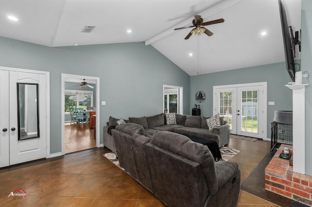 tiled living room featuring french doors, high vaulted ceiling, ceiling fan, and beam ceiling