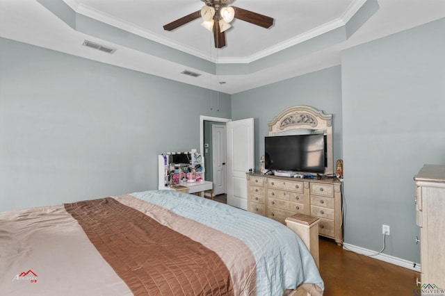 bedroom featuring a tray ceiling, ceiling fan, dark hardwood / wood-style floors, and ornamental molding